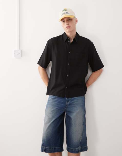 Weekday linen oversized boxy fit short sleeve shirt in black