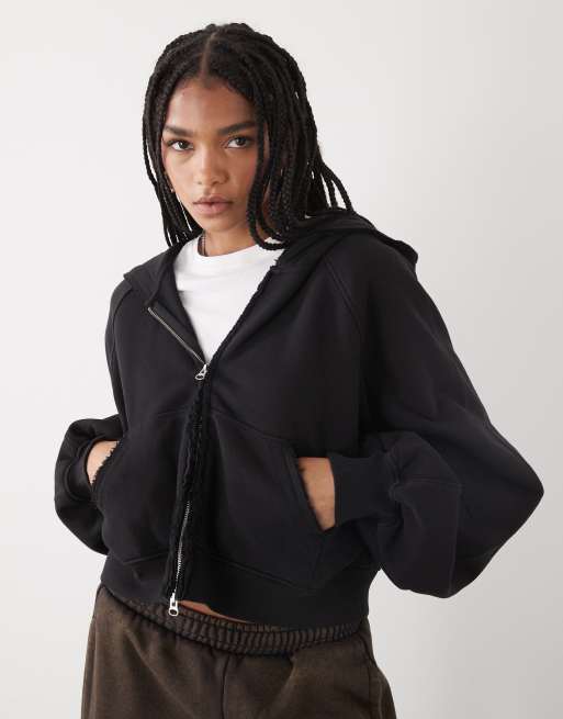 Weekday – Czarna sprana krótka bluza oversize z kapturem, zapięciem na zamek i nieobszytym wykończeniem