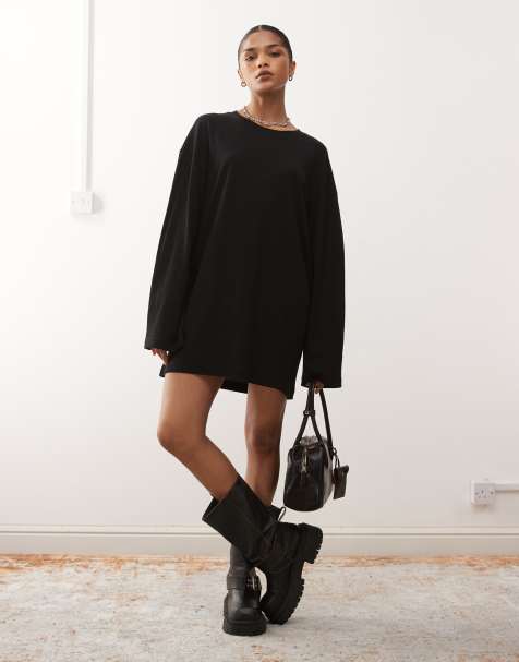 Weekday – Czarna sukienka T-shirtowa oversize z długimi rękawami - view 1