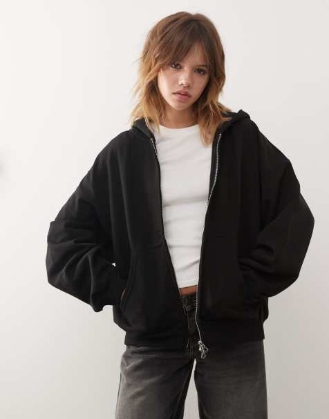Weekday – Czarna zapinana na zamek bluza oversize z kapturem z grubego dżerseju - view 1