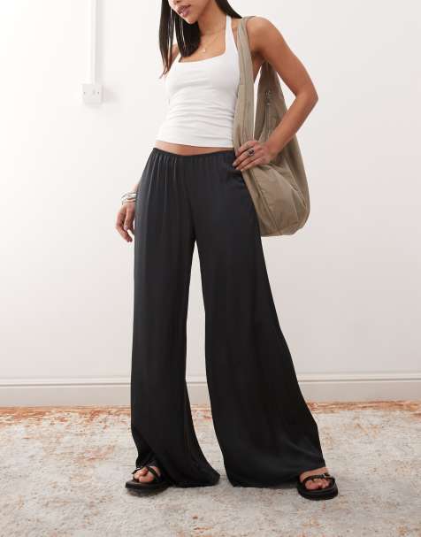 Weekday wide leg satin trousers in off black