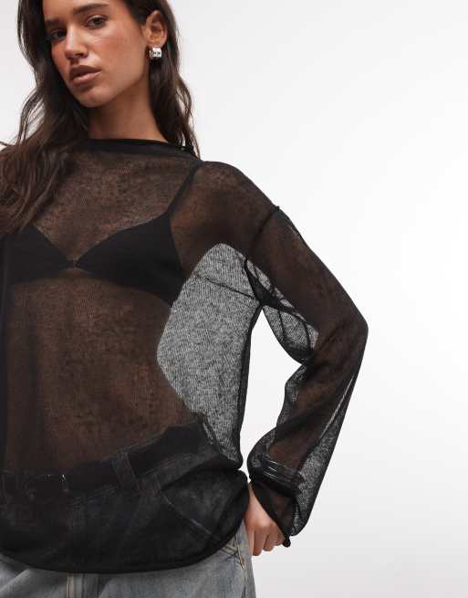 Weekday – Czarny, prześwitujący sweter oversize z zabudowanym dekoltem, z mieszanki lnu, 2 z 4