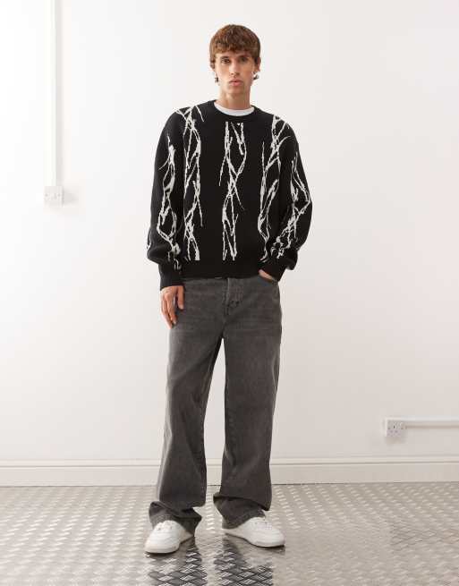 Weekday – Czarny sweter oversize z żakardowym graficznym wzorem drutu kolczastego, 2 z 5