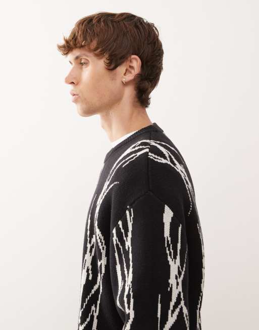 Weekday – Czarny sweter oversize z żakardowym graficznym wzorem drutu kolczastego, 4 z 5