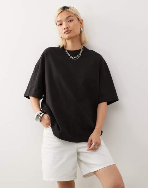 Weekday – Czarny T-shirt oversize z zabudowanym dekoltem - view 1