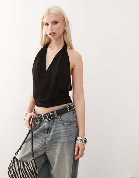 Weekday – Czarny top z drapowanym dekoltem typu halter i odkrytymi plecami - view 1
