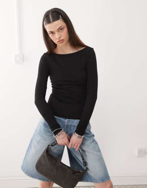 Weekday – Czarny top z długimi rękawami z domieszką lnu – tylko w ASOS - view 1