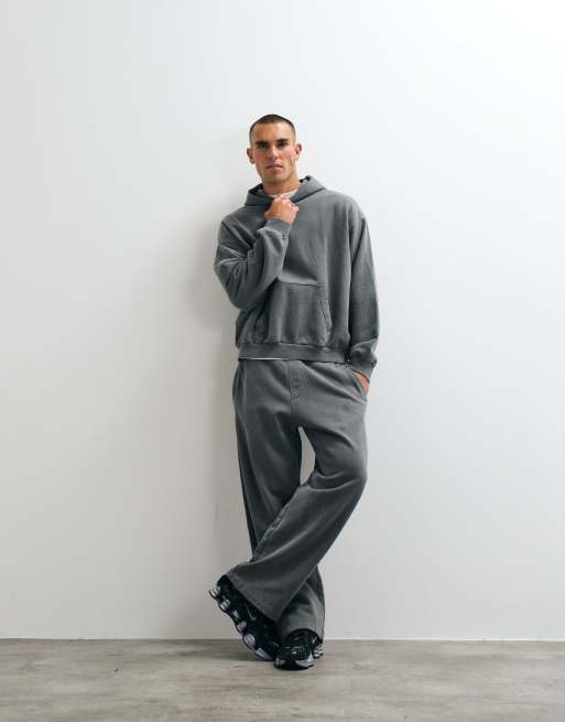 Weekday co-ord heavyweight hoodie and jersey wide leg jogger in washed grey, 2 z 3