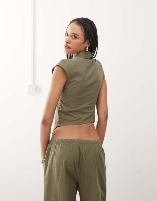 Weekday - Dakar - Top à assortir en tissu ripstop avec col et boutons dissimulés - Kaki , 4 de 4
