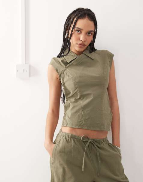 Weekday - Dakar - Top mix & match kaki in ripstop con colletto e bottoni nascosti - view 1