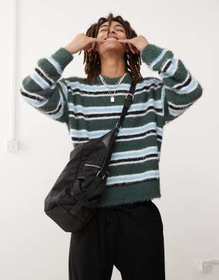 Weekday Daniel Hairy Yarn Sweater In Green Stripe