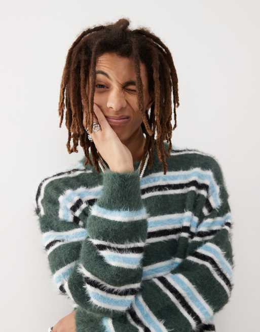 Weekday Daniel hairy yarn jumper in green stripe