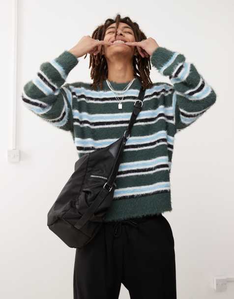 Weekday - Daniel - Maglione verde a righe in filato peloso - view 1