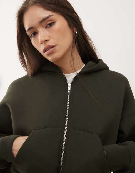 Weekday – Danni – Kapuzenjacke aus Material in Neoprenoptik in Dunkelgrün mit Reißverschluss, 2 von 4