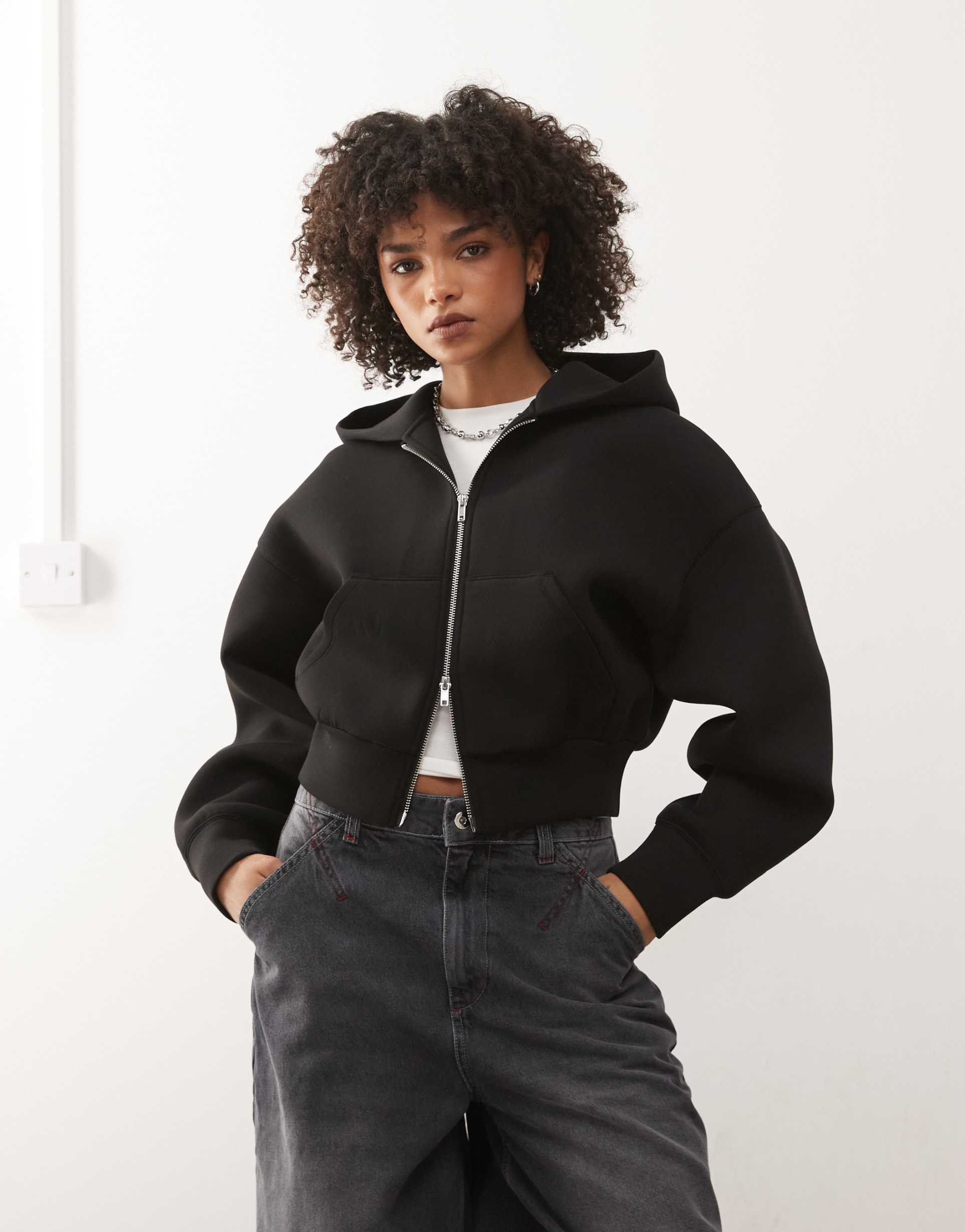 weekday danni scub-style zip hoodie in black