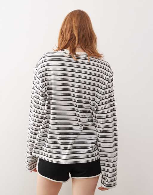 Weekday Danya boxy long sleeve t-shirt in black & white stripe