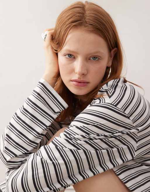 Weekday Danya boxy long sleeve t-shirt in black & white stripe