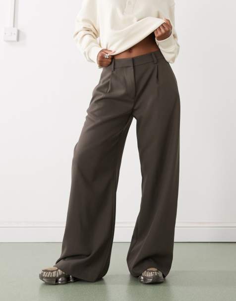 Weekday Dara low waist wide leg pants with front pleats in dark khaki - view 1