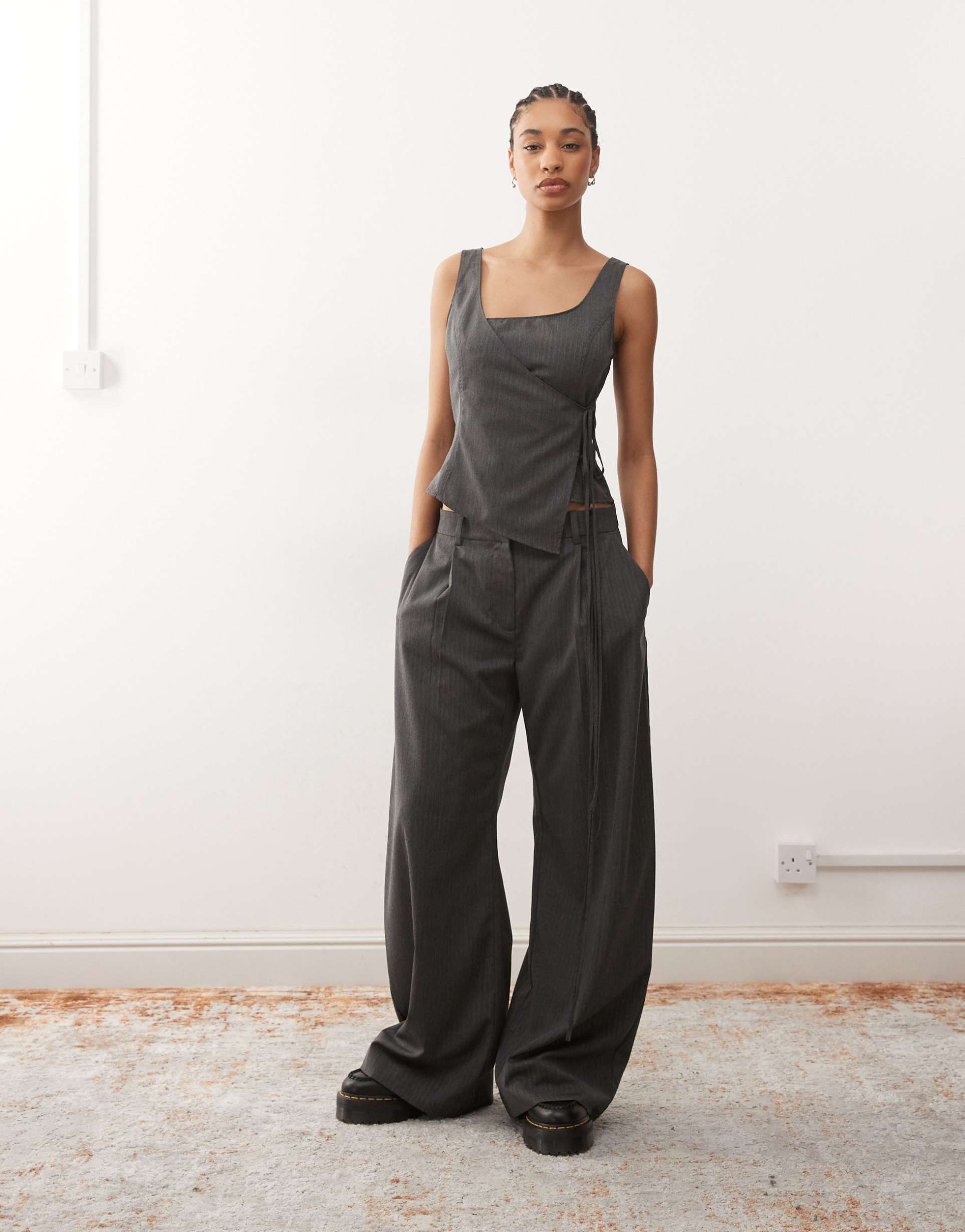 weekday dara low waist wide leg pants with front pleats in gray melange herringbone - part of a set