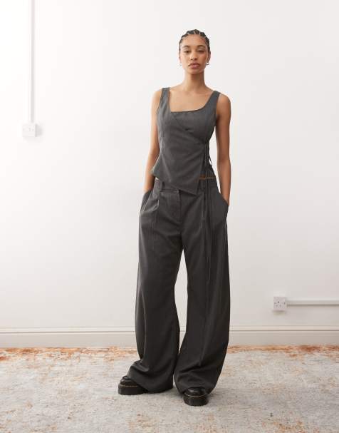 Weekday Dara low waist wide leg pants with front pleats in grey melange herringbone (part of a set) - view 1
