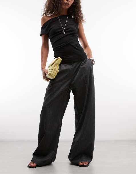 Weekday Dara low waist wide leg pants with front pleats in grey pinstripe - view 1