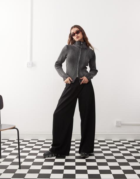 Weekday Dara low waist wide leg trousers with front pleats in black