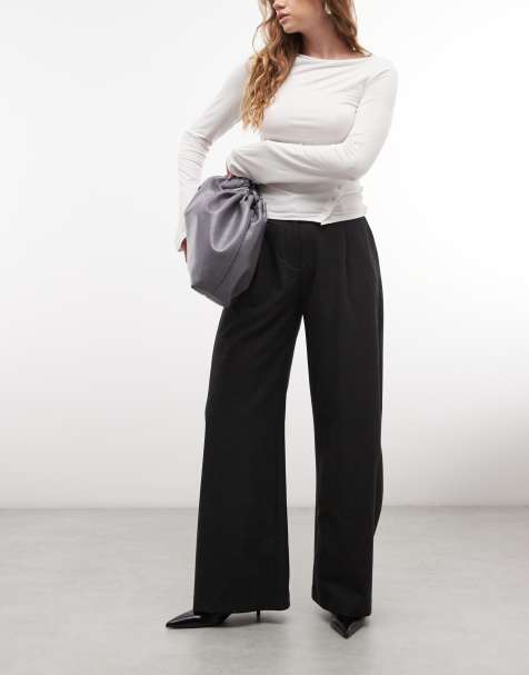 Weekday Dara low waist wide leg trousers with front pleats in dark grey check - view 1
