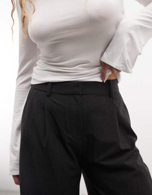 Weekday Dara low waist wide leg trousers with front pleats in dark grey check, 3 of 5