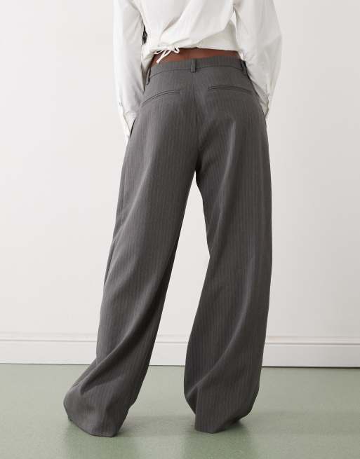 Weekday Dara low waist wide leg trousers with front pleats in grey pinstripe, 2 of 5