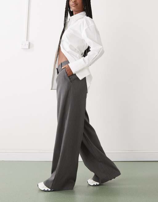 Weekday Dara low waist wide leg trousers with front pleats in grey pinstripe, 5 of 5