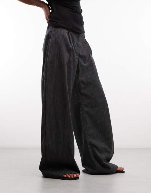 Weekday Dara low waist wide leg trousers with front pleats in grey pinstripe, 2 of 5