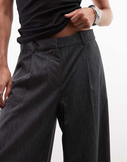 Weekday Dara low waist wide leg trousers with front pleats in grey pinstripe, 3 of 5