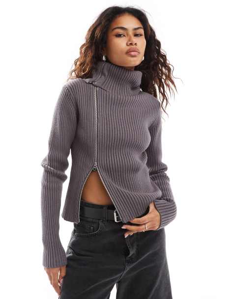 Weekday - Dasha - Cardigan color talpa scuro con zip laterale - view 1