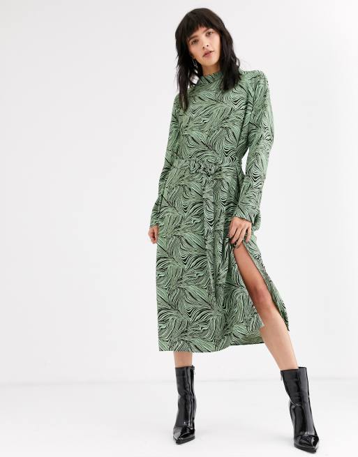 Weekday Davida abstract print midi dress in  brown and mint