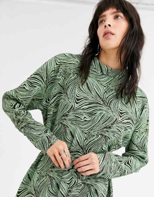 Weekday - Davida - Vestito midi con stampa astratta marrone e menta, 3 di 4