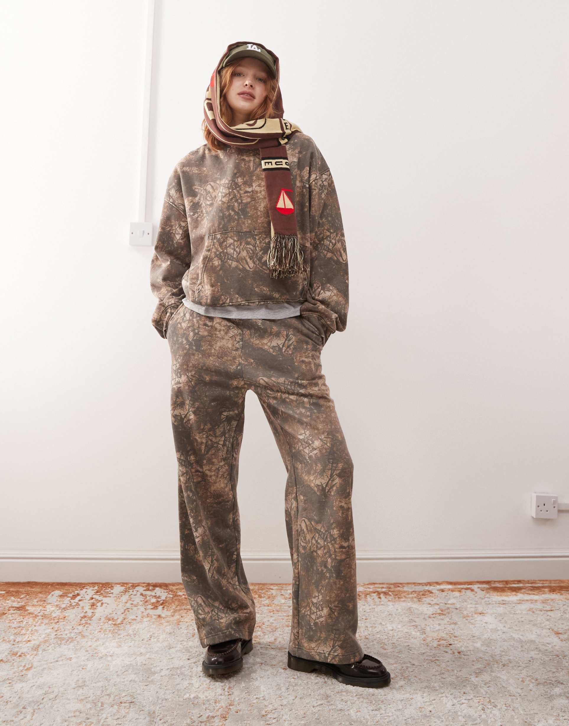 weekday davina oversized sweatpants with distressed tie dye print in khaki - part of a set