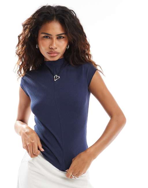 Weekday - Dea - T-shirt à col montant - Bleu