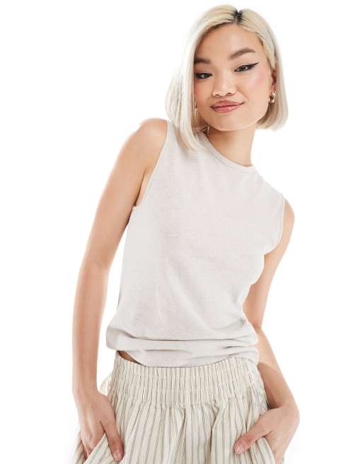 Weekday - Dean - Top senza maniche in misto lino bianco sporco
