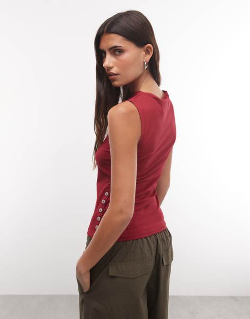 Weekday débardeur avec détail de boutons sur le côté en rouge cerise, 4 de 4