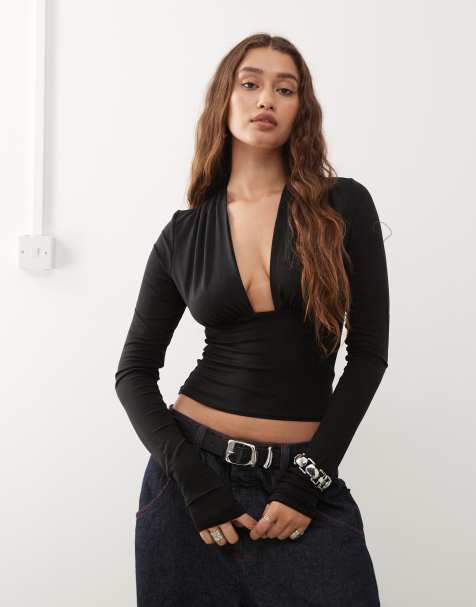 Weekday deep halter neck long sleeve top in black exclusive to ASOS - view 1