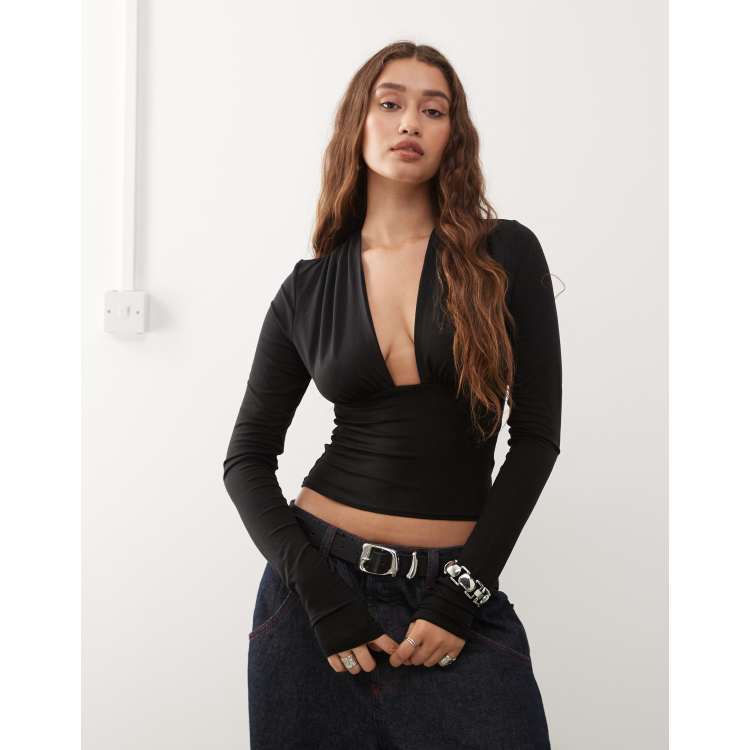 Weekday deep halter neck long sleeve top in black - exclusive to