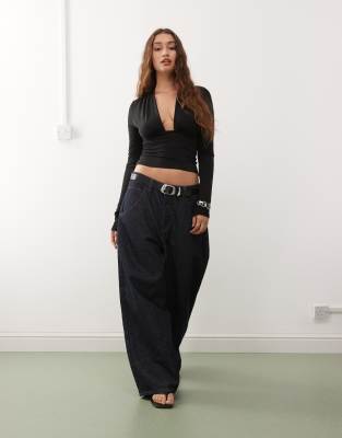Weekday Deep Halter Neck Long Sleeve Top In Black