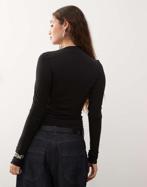 Weekday deep halter neck long sleeve top in black - exclusive to ASOS