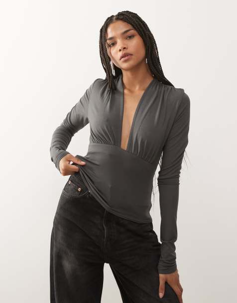 Weekday deep halter neck long sleeve top in dark grey exclusive to ASOS - view 1