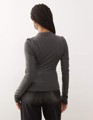 Weekday Deep Halter Neck Long Sleeve Top In Gray