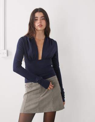 Weekday Deep Halter Neck Long Sleeve Top In Blue