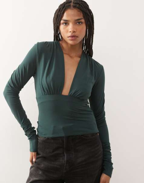 Weekday deep halter neck long sleeve top in petrol green - exclusive to ASOS - view 1