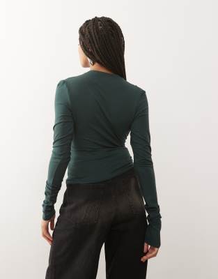 Weekday Deep Halter Neck Long Sleeve Top In Green