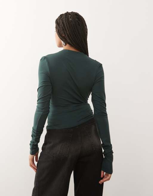 Weekday deep halter neck long sleeve top in petrol green exclusive to ASOS, 2 of 4
