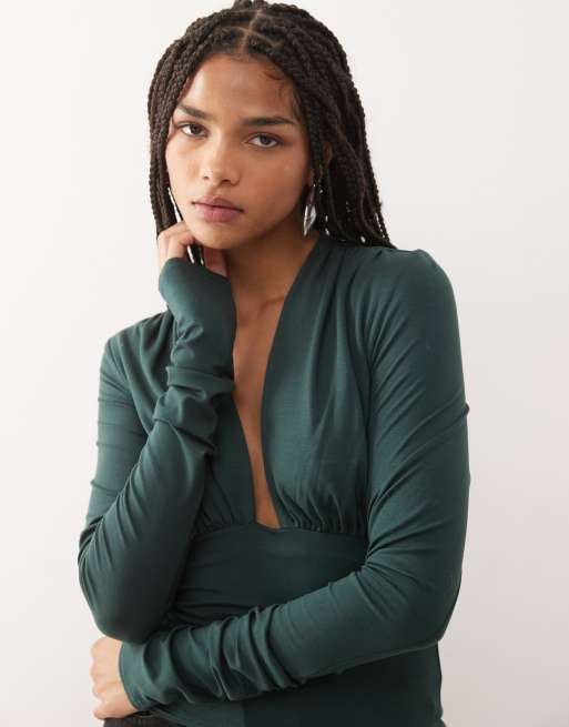 Weekday deep halter neck long sleeve top in petrol green exclusive to ASOS, 3 of 4